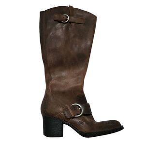 Born Ladies Size 6 Brown Leather Zip Up Knee High Silver Buckle Boots